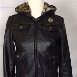 Obey Leather Jacket with Leopard Hood